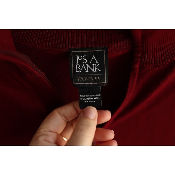 Jos A Bank Traveler Sweater Mens L Burgundy 100% Merino Wool 1/4 Zip Long Sleeve - Picture 3 of 8